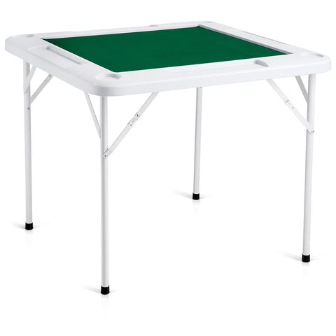 Mahjong Table, 4 Player Folding Domino Table with Wear-Resistant Green Tabletop, Portable Square Card Table with 4 Cup Holders & 4 Chip Trays for Mahjong Poker Puzzles, 90 x90-inch