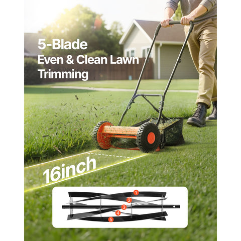 40cm Push Reel Lawn Mower 5-Blade Adjustable Height Grass Catcher 2-Wheel