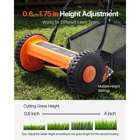 40cm Push Reel Lawn Mower 5-Blade Adjustable Height Grass Catcher 2-Wheel