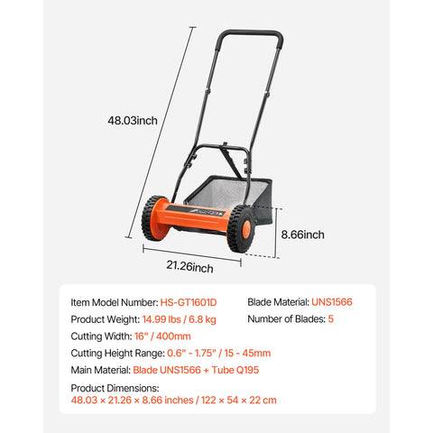 40cm Push Reel Lawn Mower 5-Blade Adjustable Height Grass Catcher 2-Wheel
