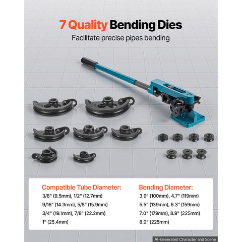 Pipe Tube Bender, 3/8" to 1" Manual Pipe Tube Bender, with 7 Dies, Heavy Duty Tube Bender Tubing of Steel Metal Copper, for Repair Shops, Blue