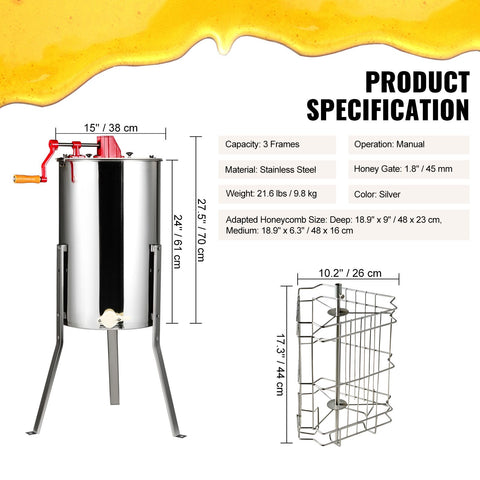 Manual Honey Extractor, 3 Frames Honey Spinner Extractor, Stainless Steel Beekeeping Extraction, Honeycomb Drum Spinner with Lid, Apiary Centrifuge Equipment with Height Adjustable Stand