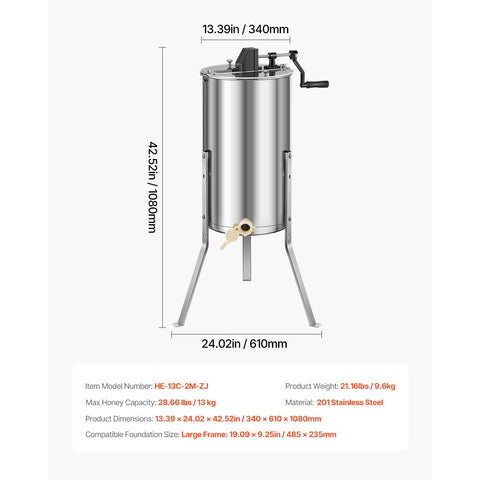 Honey Extractor, 2 Frame Manual Honey Spinner with Transparent Lid, Stainless Steel Honeycomb Drum Spinner with Height Adjustable Stand, Honeycomb Extraction Centrifuge Equipment for Beekeeping