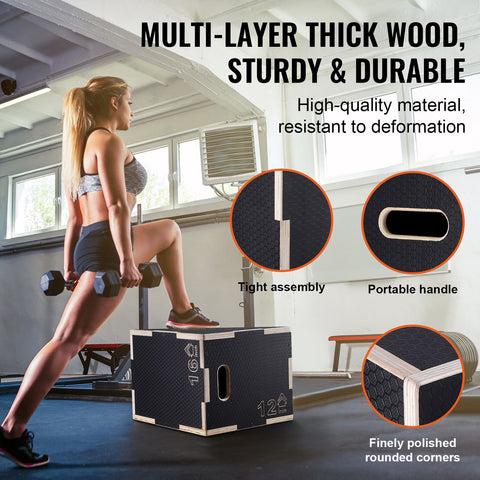 3 in 1 Plyometric Jump Box, 16/14/12 Inch Wooden Plyo Box, Platform & Jumping Agility Box, Anti-Slip Fitness Exercise Step Up Box for Home Gym Training, Conditioning Strength Training, Black