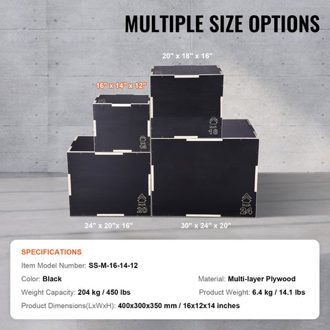 3 in 1 Plyometric Jump Box, 16/14/12 Inch Wooden Plyo Box, Platform & Jumping Agility Box, Anti-Slip Fitness Exercise Step Up Box for Home Gym Training, Conditioning Strength Training, Black