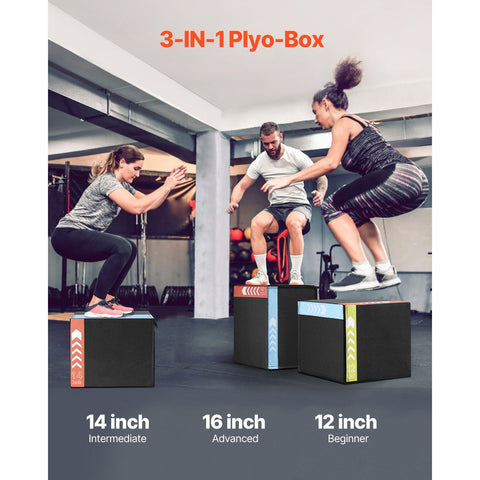 3 in 1 Plyometric Jump Box, 16/14/12 Inch Cotton Plyo Box, Platform & Jumping Agility Box, Anti-Slip Fitness Exercise Step Up Box for Home Gym Training, Conditioning Strength Training, Black