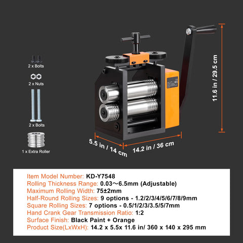 Rolling Mill, 2.95"/75 mm Jewelry Rolling Mill Machine, 1: 2 Gear Ratio, 3-in-1 Multi-function Rolling Mill, 0.03-6.5mm Press Thickness for Metal Jewelry Making Sheet Square Wire Semicircle