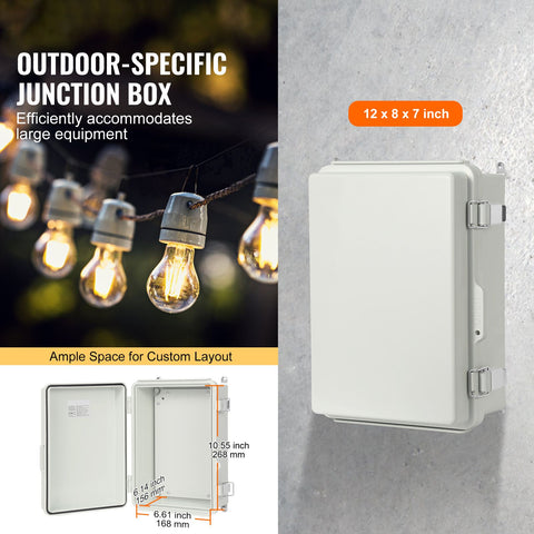 Outdoor Electrical Junction Box, 300 x 200 x 180 mm, ABS Plastic Electrical Enclosure Box with Hinged Cover Stainless Steel Latch, IP67 Dustproof Waterproof for Outdoor Electrical Projects