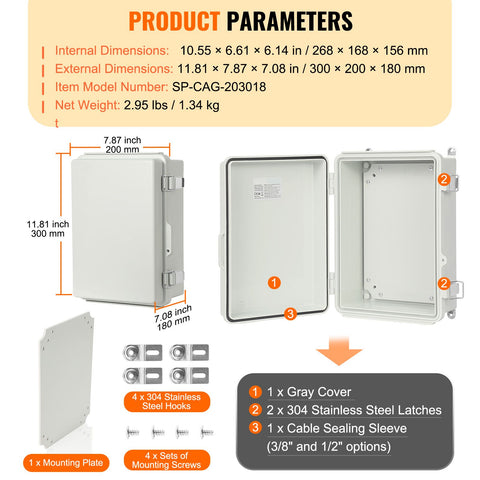 Outdoor Electrical Junction Box, 300 x 200 x 180 mm, ABS Plastic Electrical Enclosure Box with Hinged Cover Stainless Steel Latch, IP67 Dustproof Waterproof for Outdoor Electrical Projects