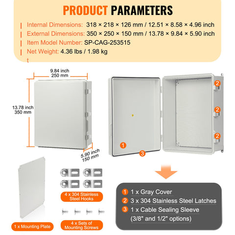 Outdoor Electrical Junction Box, 350 x 250 x 150 mm, ABS Plastic Electrical Enclosure Box with Hinged Cover Stainless Steel Latch, IP67 Dustproof Waterproof for Outdoor Electrical Projects