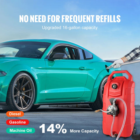 60.57L Fuel Caddy, 7.8 L/min, Portable Gas Storage Tank Container with Hand Pump Rubber Wheels, Fuel Transfer Storage Tank for Gasoline Diesel Machine Oil Car Mowers Tractor Boat Motorcycle