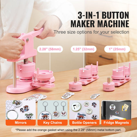 Button Maker, 1/1.25/2.28 inch(25/32/58mm) 3-IN-1 Pin Maker, 300pcs Button Parts, Button Maker Machine with Panda Magic Book, Ergonomic Arc Handle Punch Press Kit, For Children DIY Gifts, Pink