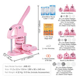 Button Maker, 1/1.25/2.28 inch(25/32/58mm) 3-IN-1 Pin Maker, 300pcs Button Parts, Button Maker Machine with Panda Magic Book, Ergonomic Arc Handle Punch Press Kit, For Children DIY Gifts, Pink