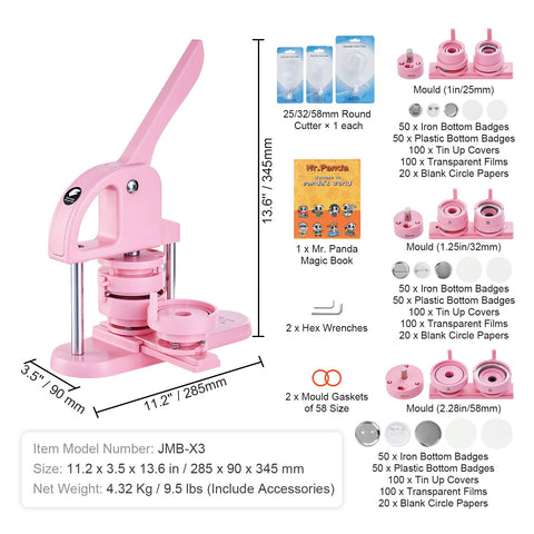 Button Maker, 1/1.25/2.28 inch(25/32/58mm) 3-IN-1 Pin Maker, 300pcs Button Parts, Button Maker Machine with Panda Magic Book, Ergonomic Arc Handle Punch Press Kit, For Children DIY Gifts, Pink