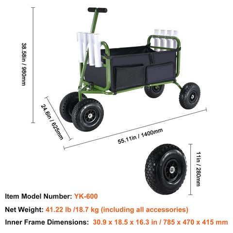 Beach Fishing Cart, 136kg Load Capacity, Foldable Fish and Marine Cart with Four 280mm Big Wheels Rubber Balloon Tires, Heavy-Duty Steel Pier Wagon Trolley with 8 Rod Holders for Picnic