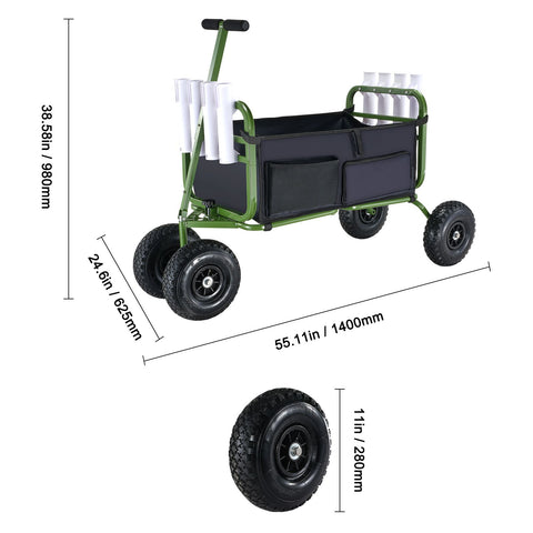 Beach Fishing Cart, 136kg Load Capacity, Foldable Fish and Marine Cart with Four 280mm Big Wheels Rubber Balloon Tires, Heavy-Duty Steel Pier Wagon Trolley with 8 Rod Holders for Picnic