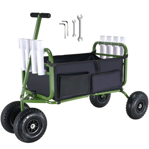 Beach Fishing Cart, 136kg Load Capacity, Foldable Fish and Marine Cart with Four 280mm Big Wheels Rubber Balloon Tires, Heavy-Duty Steel Pier Wagon Trolley with 8 Rod Holders for Picnic