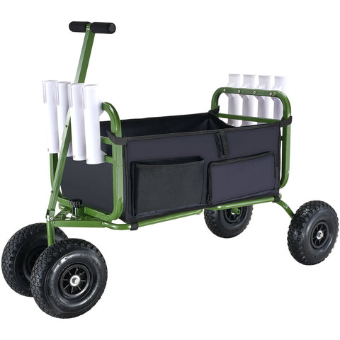 Beach Fishing Cart, 136kg Load Capacity, Foldable Fish and Marine Cart with Four 280mm Big Wheels Rubber Balloon Tires, Heavy-Duty Steel Pier Wagon Trolley with 8 Rod Holders for Picnic