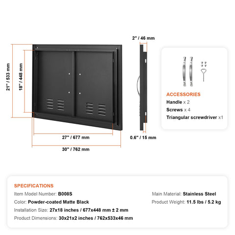 BBQ Access Door,762 x533 mm Double Outdoor Kitchen Door, Cold Plate Flush Mount Door, Wall Vertical Door with Handles and Ventss, for BBQ Island, Grilling Station, Outside Cabinet