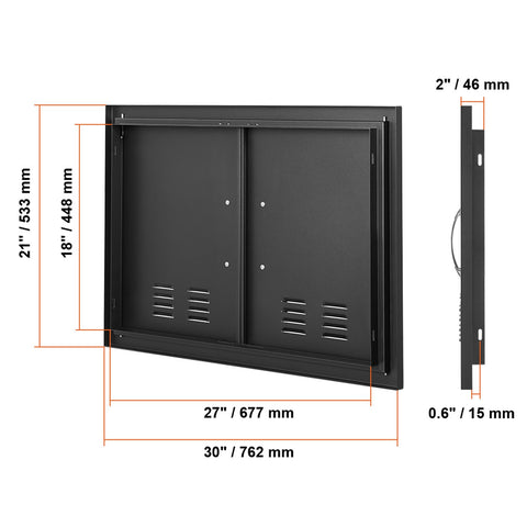 BBQ Access Door,762 x533 mm Double Outdoor Kitchen Door, Cold Plate Flush Mount Door, Wall Vertical Door with Handles and Ventss, for BBQ Island, Grilling Station, Outside Cabinet