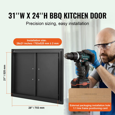 BBQ Access Door, 788x610 mm Double Outdoor Kitchen Door, Cold Plate Flush Mount Door, Wall Vertical Door with Handles, for BBQ Island, Grilling Station, Outside Cabinet