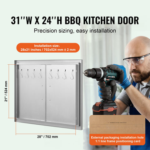 BBQ Access Door, 787x609 mm Double Outdoor Kitchen Door, Stainless Steel Flush Mount Door, Double Wall Vertical Door with Handles and Hooks, for BBQ Island, Grilling Station, Outside Cabinet