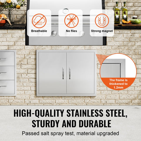 BBQ Access Door, 787x609 mm Double Outdoor Kitchen Door, Stainless Steel Flush Mount Door, Double Wall Vertical Door with Handles and Hooks, for BBQ Island, Grilling Station, Outside Cabinet