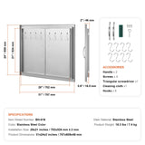 BBQ Access Door, 787x609 mm Double Outdoor Kitchen Door, Stainless Steel Flush Mount Door, Double Wall Vertical Door with Handles and Hooks, for BBQ Island, Grilling Station, Outside Cabinet