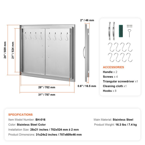 BBQ Access Door, 787x609 mm Double Outdoor Kitchen Door, Stainless Steel Flush Mount Door, Double Wall Vertical Door with Handles and Hooks, for BBQ Island, Grilling Station, Outside Cabinet