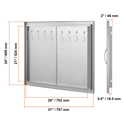 BBQ Access Door, 787x609 mm Double Outdoor Kitchen Door, Stainless Steel Flush Mount Door, Double Wall Vertical Door with Handles and Hooks, for BBQ Island, Grilling Station, Outside Cabinet