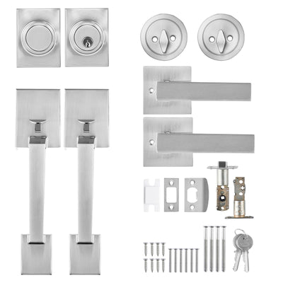 Double Door Handle Set, Satin Nickel Square Door Lever, Heavy Duty Double Front Door Handle Set with Dummy, Double Door Lock Set with Reversible Handle Lever, for Front Door or Office Door