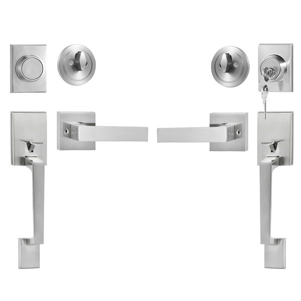 VEVOR Double Door Handle Set, Satin Nickel Square Door Lever, Heavy Duty Double Front Door Handle Set with Dummy, Double Door Lock Set with Reversible Handle Lever, for Front Door or Office Door