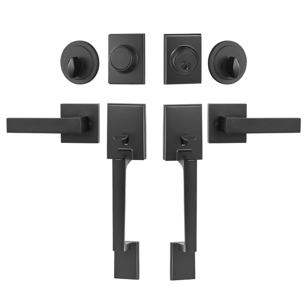 Double Door Handle Set, Matte Black Square Door Lever, Heavy Duty Double Front Door Handle Set with Dummy, Double Door Lock Set with Reversible Handle Lever, for Front Door or Office Door