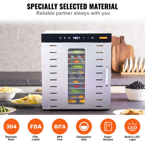 10 Trays Food Dehydrator Machine Stainless Steel 1000W Jerky Fruit Drying