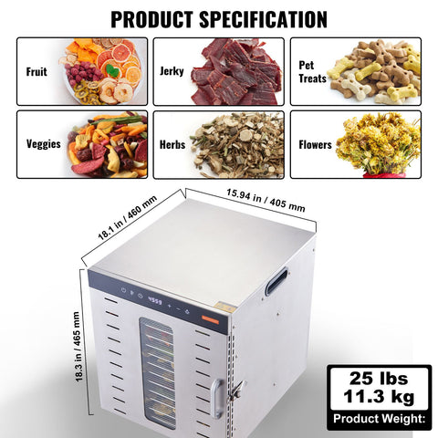 10 Trays Food Dehydrator Machine Stainless Steel 1000W Jerky Fruit Drying