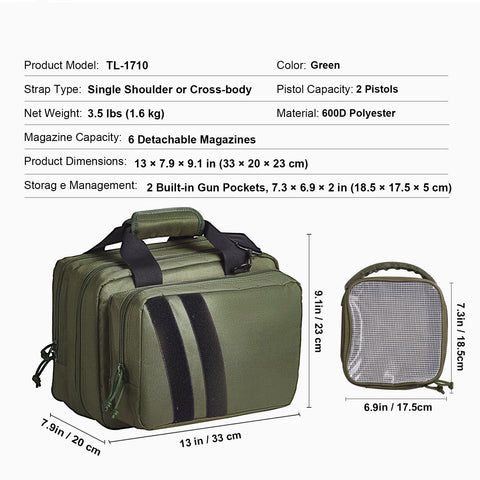 Range Bag for 2 Pistols Tactical Gun Bag 2 Built-in Pistol Bags Green