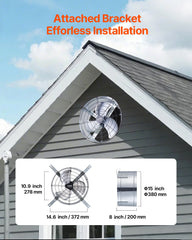 VEVOR 380 mm Gable Mount Fan 1300 CFM Attic Vent Fan with Adjustable Thermostat