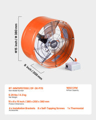 VEVOR 380 mm Gable Mount Fan 1650 CFM Attic Vent Fan with Adjustable Thermostat