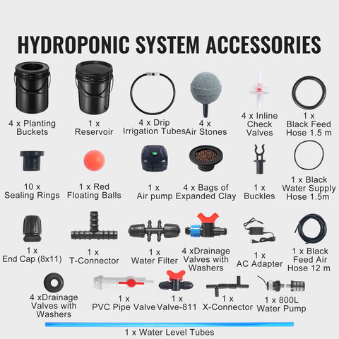 RDWC Hydroponics Grow System, Hydroponic Growing Kit with Top Drip, Recirculating Deep Water Culture 4 Buckles and 1 Reservoir, with Air Pump and Water Level Device for Leafy Vegetables