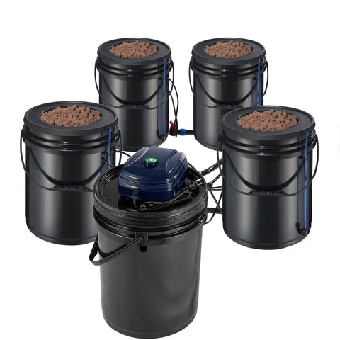 RDWC Hydroponics Grow System, Hydroponic Growing Kit with Top Drip, Recirculating Deep Water Culture 4 Buckles and 1 Reservoir, with Air Pump and Water Level Device for Leafy Vegetables