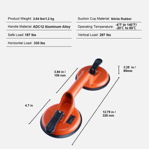 Glass Suction Cup, 119 mm 2 Pack 150 kg Load Capacity, Vacuum Suction Cup with Aluminum Handle, Heavy Duty Industrial Suction Cup Lifter Tool for Glass, Granite, Tile, Metal, Wood Panel Lifting