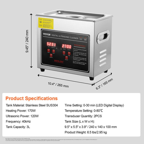 Ultrasonic Cleaner with Digital Timer & Heater, Professional Ultra Sonic Jewelry Cleaner, Stainless Steel Heated Cleaning Machine for Glasses Watch Rings Small Parts Circuit Board (3L)
