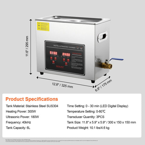 Ultrasonic Cleaner with Digital Timer & Heater, Professional Ultra Sonic Jewelry Cleaner, Stainless Steel Heated Cleaning Machine for Glasses Watch Rings Small Parts Circuit Board (6L)