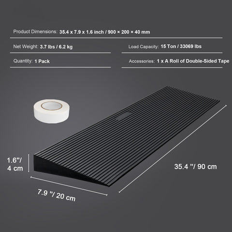 4 cm Rise Cuttable Threshold Ramp for Sweeping Robot, 90 cm Wide Natural Rubber Wheelchair Ramp, Non-Slip Solid Rubber Ramp with Double-Sided Tape for Doorways, Driveways, Bathroom, Smooth Tile