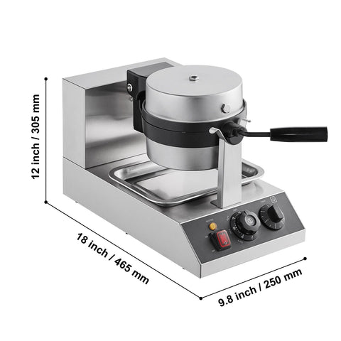 Commercial Waffle Maker, 1300W Round Waffle Baker Machine, Non-Stick Stainless Steel Belgian Waffle Iron, Temperature and Time Control, 180° Rotatable, for Restaurant Bakery Snack Bar Family