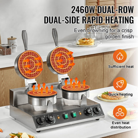 Commercial Waffle Maker, Dual-Head Round Waffle Baker Machine, 2460W Non-Stick Stainless Steel Belgian Waffle Iron with Temp and Time Control, Handle, for Restaurant Bakery Snack Bar Family
