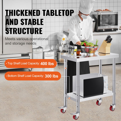 Stainless Steel Work Table with Wheels 24 x 30 Prep Table with casters Heavy Duty Work Table for Commercial Kitchen Restaurant Business (24 x 30 x 33.8 Inch)