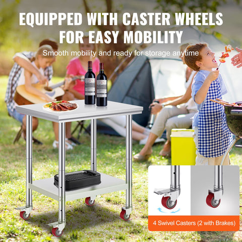 Stainless Steel Work Table with Wheels 24 x 30 Prep Table with casters Heavy Duty Work Table for Commercial Kitchen Restaurant Business (24 x 30 x 33.8 Inch)
