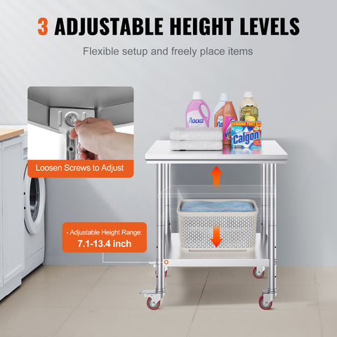 Stainless Steel Work Table with Wheels 24 x 30 Prep Table with casters Heavy Duty Work Table for Commercial Kitchen Restaurant Business (24 x 30 x 33.8 Inch)