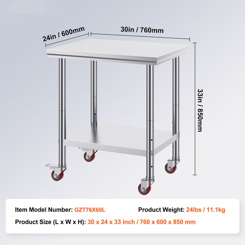 Stainless Steel Work Table with Wheels 24 x 30 Prep Table with casters Heavy Duty Work Table for Commercial Kitchen Restaurant Business (24 x 30 x 33.8 Inch)